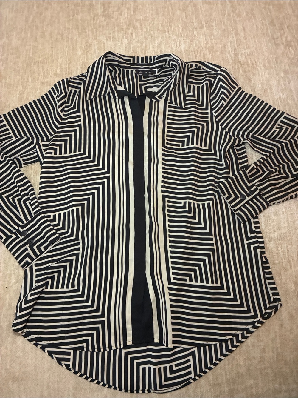 Black & White Geometric Stripe Button-Up Blouse